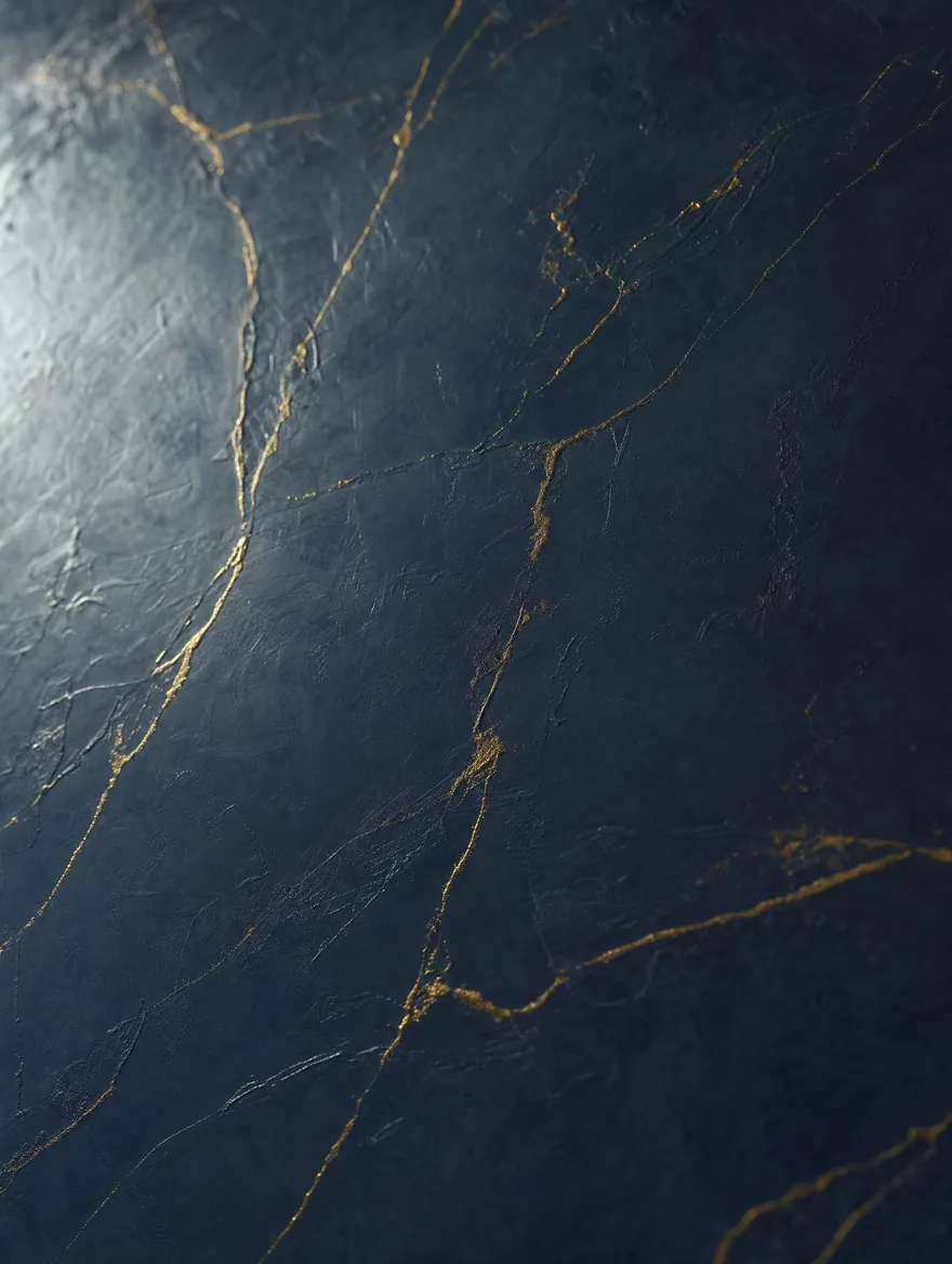 MABCalce Venetian in raking daylight: polished navy lime plaster with fine gold veining, each trowel pass catching the light.